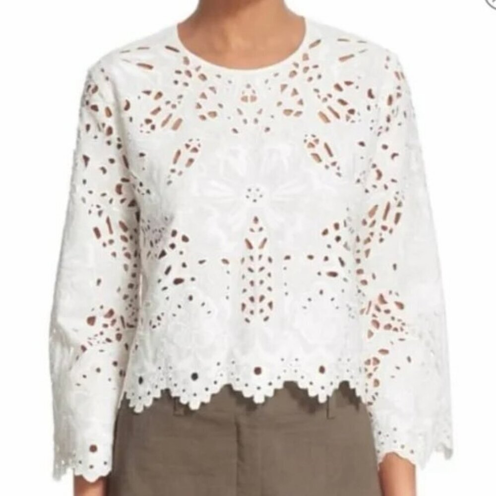 Theory Brizabela White Linen Cotten Blend Eyelet Blouse Top - Size Small
